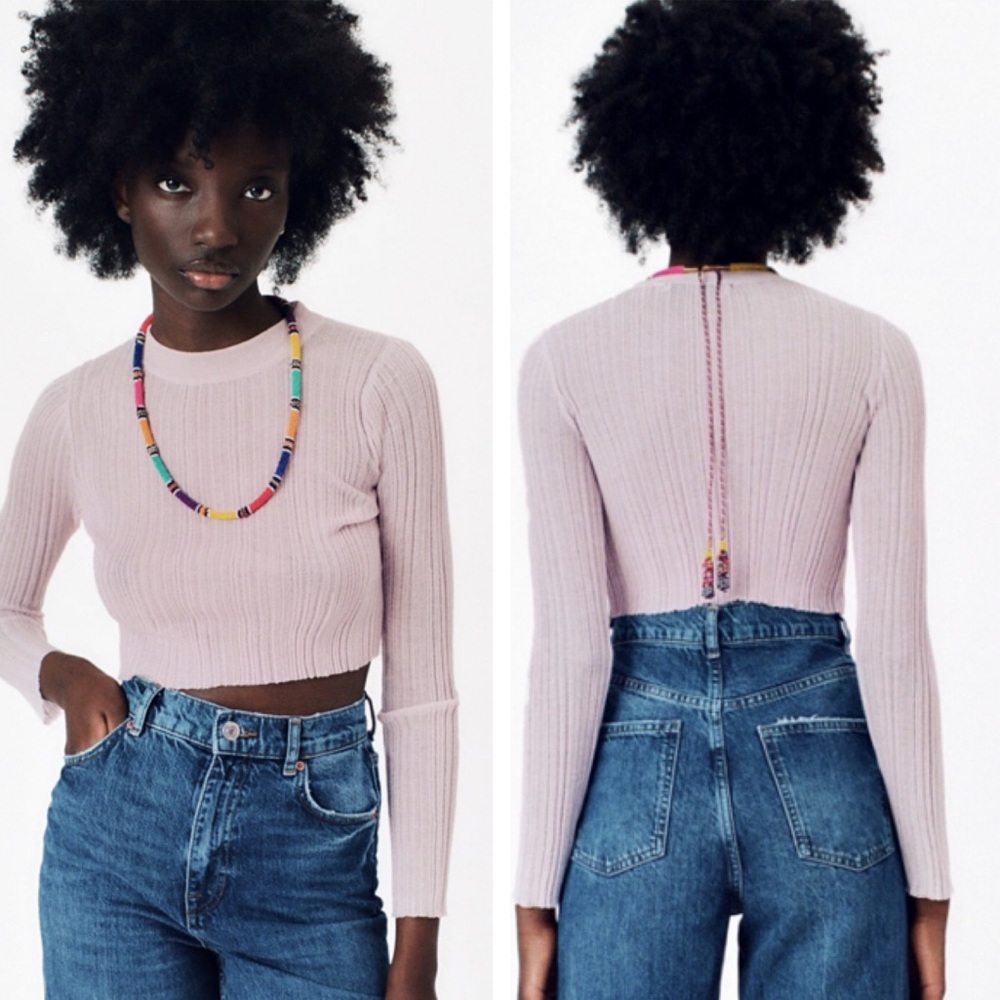 ZARA NWT WOMEN’S RIBBED KNIT LONG SLEEVE CROPPED TOP PURPLE LARGE